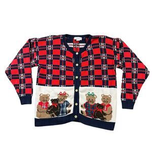 Vintage 90s Cardigan Sweater Women’s Medium Loft Knit Teddy Bear Plaid Button